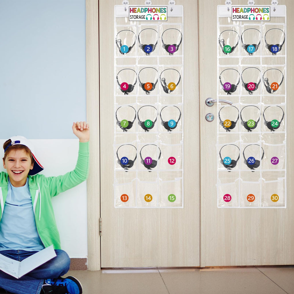 Vincreem 2 Pcs Over The Door Hanging Classroom Headphone Storage Organizer 30 PVC Clear Organizer Holder Pockets with 2 Pcs Headphone Storage Cards with Digital Stickers for Library Door Hanger
