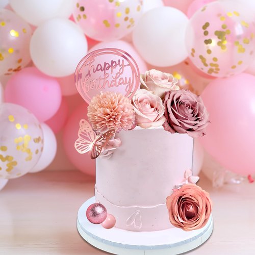 Flower Cake Toppers, Happy Birthday Rose Gold Cake Decorations with Artificial Flowers Butterfly Balls for Wedding Baby Shower Birthday Party Supplies