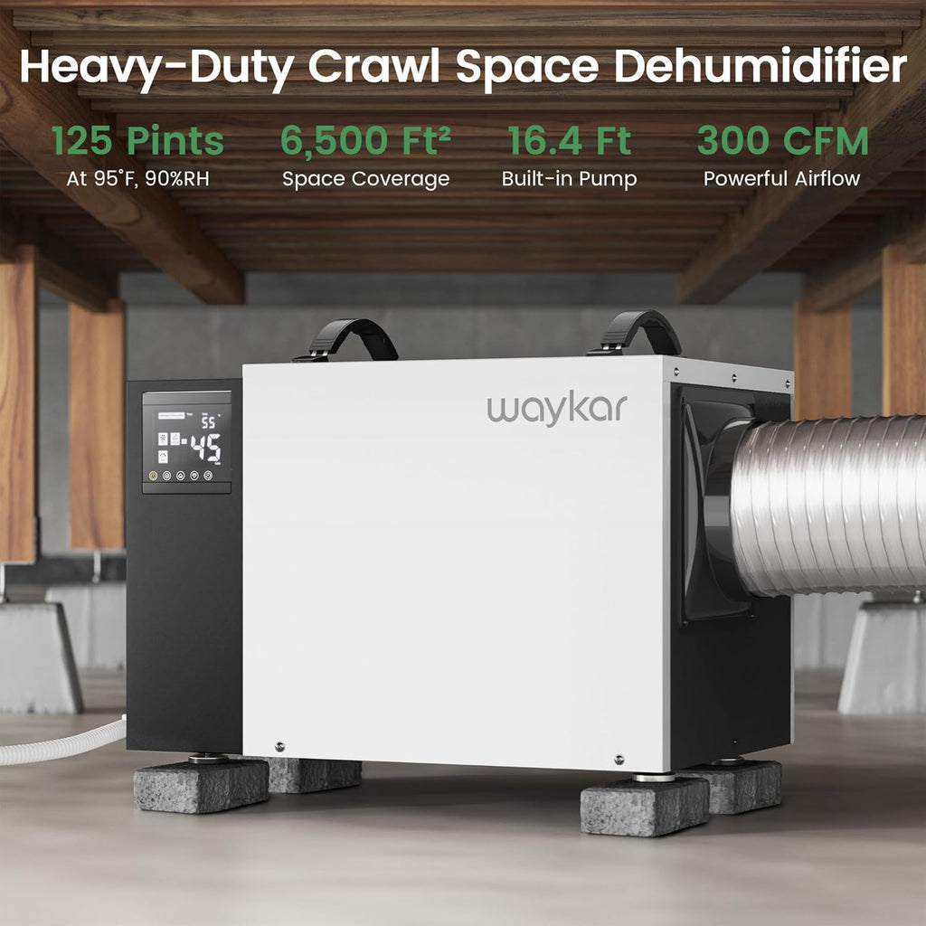 Waykar 125 Pint Dehumidifier - Smart Humidity Control for Basements & Crawl Spaces up to 6500 Sq Ft | Includes Pump & Drain Hose