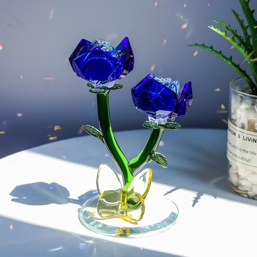 LONGWIN Crystal Blue Rose Flower Figurine - Elegant Glass Spring Bouquet Home Decor Gift for Her