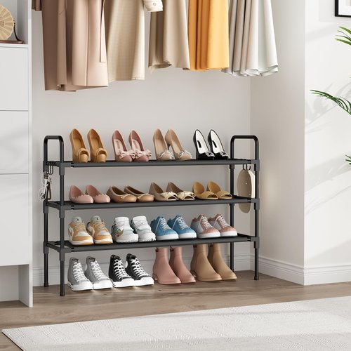 BrFoYu Long Shoe Rack for Closet, 12-16 Pairs Stackable Shoe Organizer, Shoe Shelf Storage for Sneakers & Boots Shoe Storage for Entryway Dorm Garage, Black, with 5 Hooks