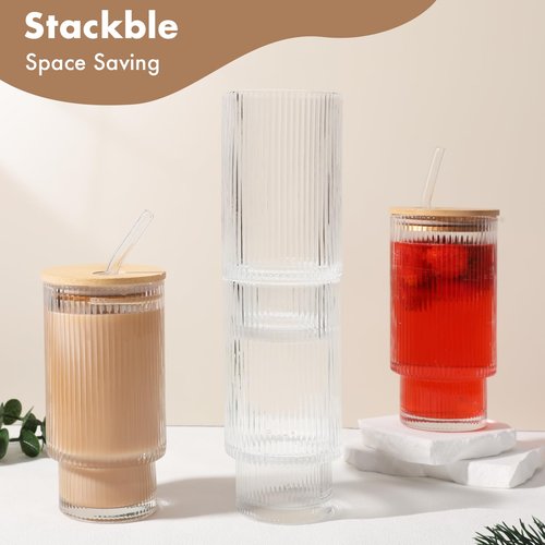AiMQnLe Glass Cups with Bamboo Lids and Straws - 16 oz Iced Coffee Cups, Vintage Ribbed Drinking Glasses, Tumbler for Juice, Beer, Coffee, Milk, Cocktail, Water (2 Pack)