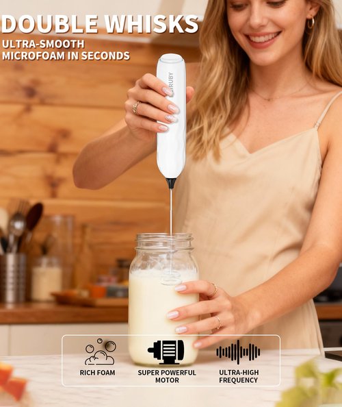 MEIRUBY 2-Pack Milk Frother Handheld with Stand, Valentines Day Gifts for Him and Her, Powerful Electric Coffee Frother, Coffee Lover Gift for Lattes, Cappuccino, Matcha & Hot Chocolate, Black/White
