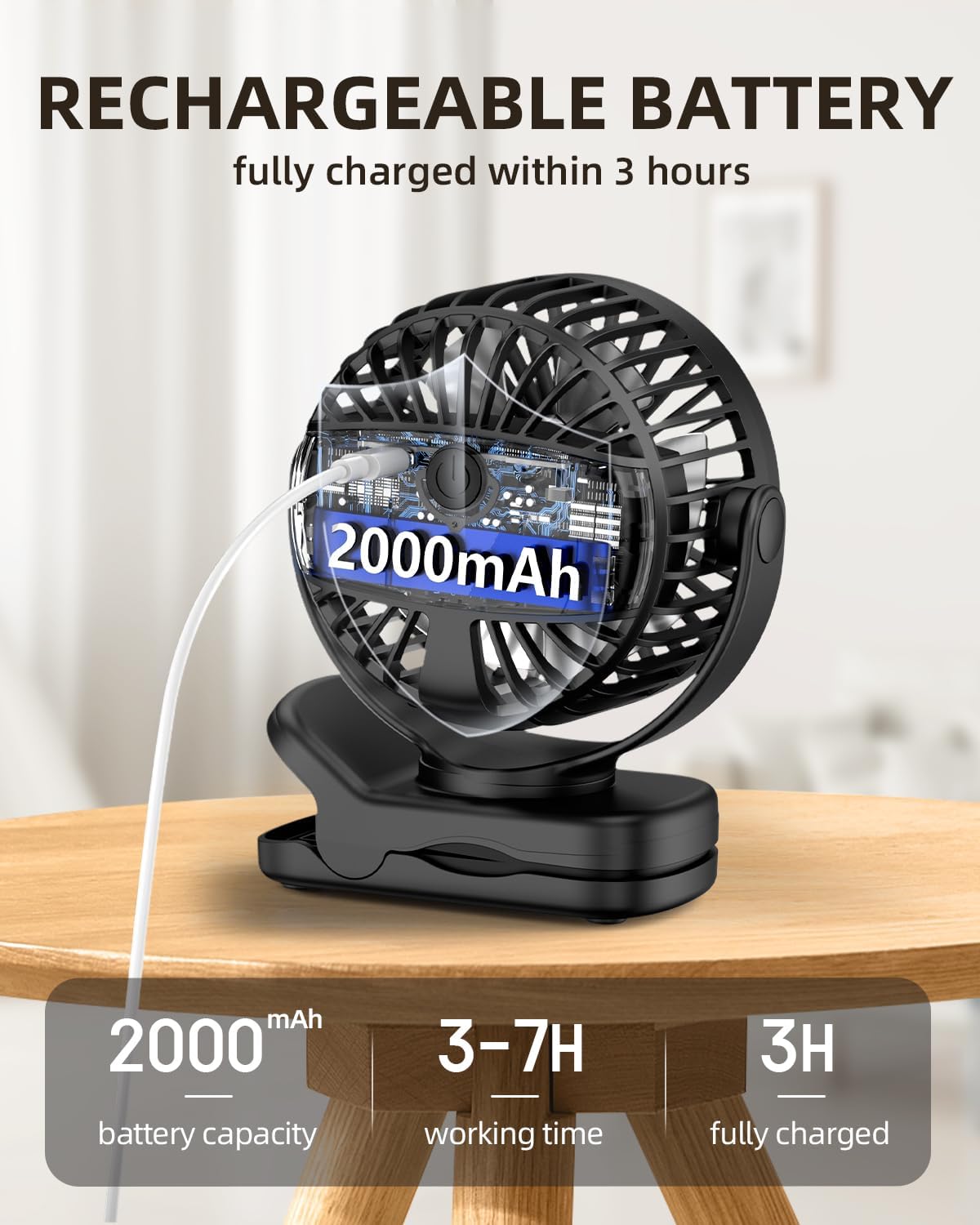 TUNISE Mini Clip-On Fan - Battery Operated, 3-Speed Adjustable, 360° Rotation - Portable Black Desk Fan for Home & Camping