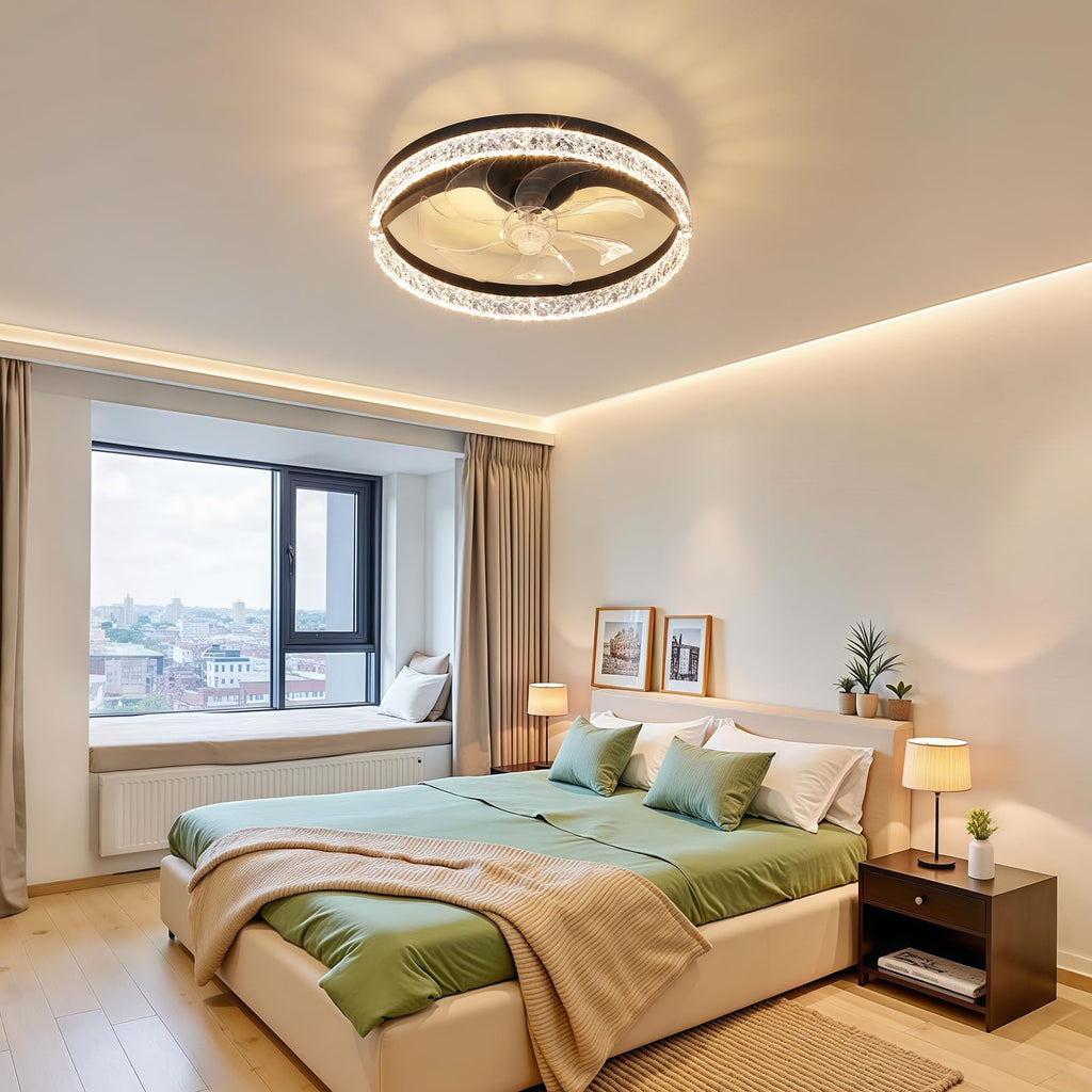 FOLKSMATE Ceiling Fan with Light and Remote, Low Profile Flush Mount Crystal Fandelier, Modern 6 Speeds Quiet Reversible, 2800-6500K Dimmable LED, Timer Fan Light for Bedroom Living Room Kitchen