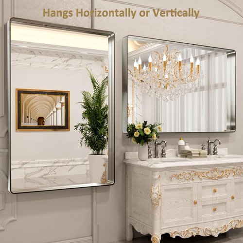 LOAAO Brushed Nickel Bathroom Mirror - 60X40 Inch Rounded Rectangle Design | Anti-Rust & Shatter-Proof