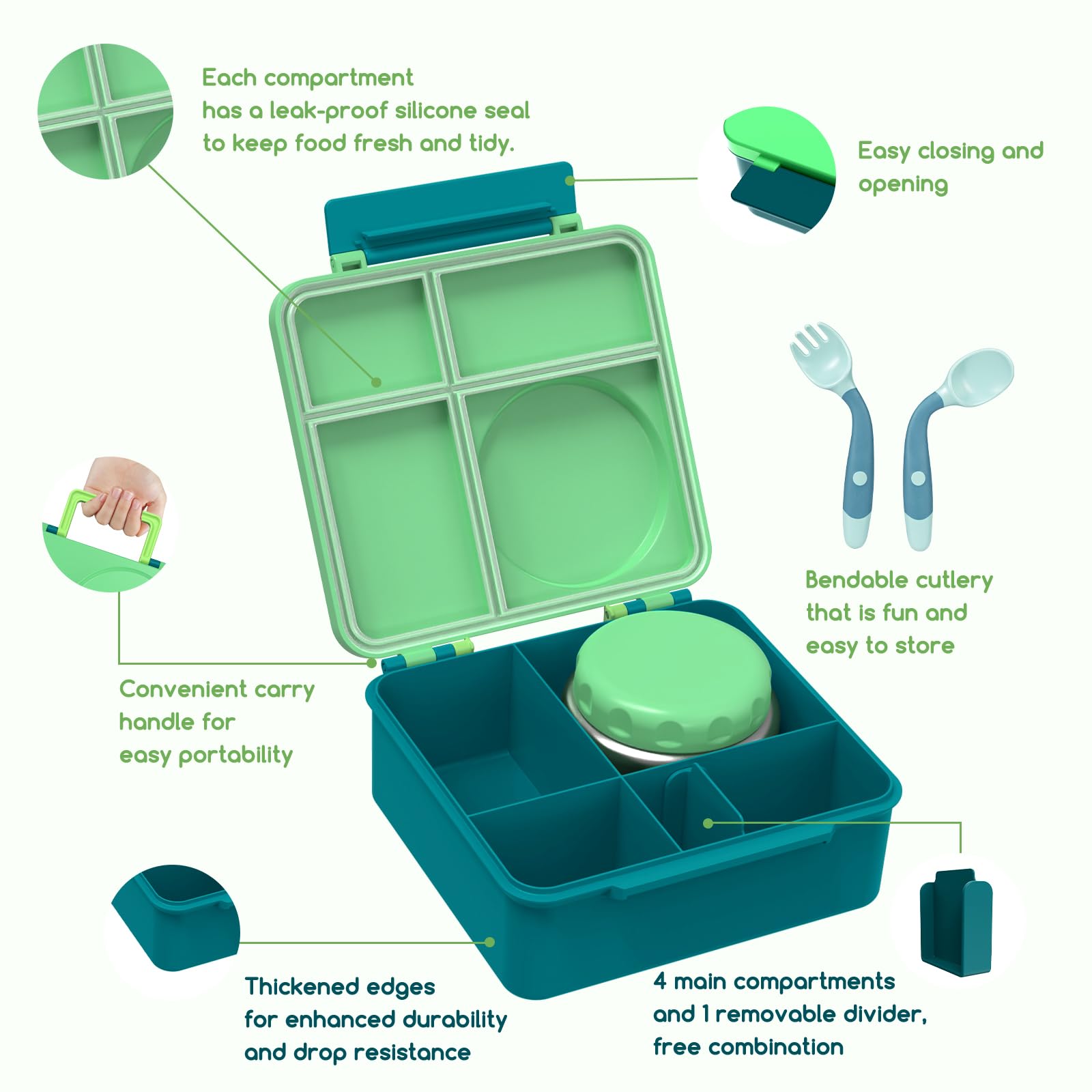 JoyYum Bento Box for Kids - Leak-Proof Bento Lunch Box with Insulated Thermos Food Jar - 4 Compartments, 1 Removable Divider, 1Spoon, 1 Fork - Dishwasher Safe, BPA-Free (Green)