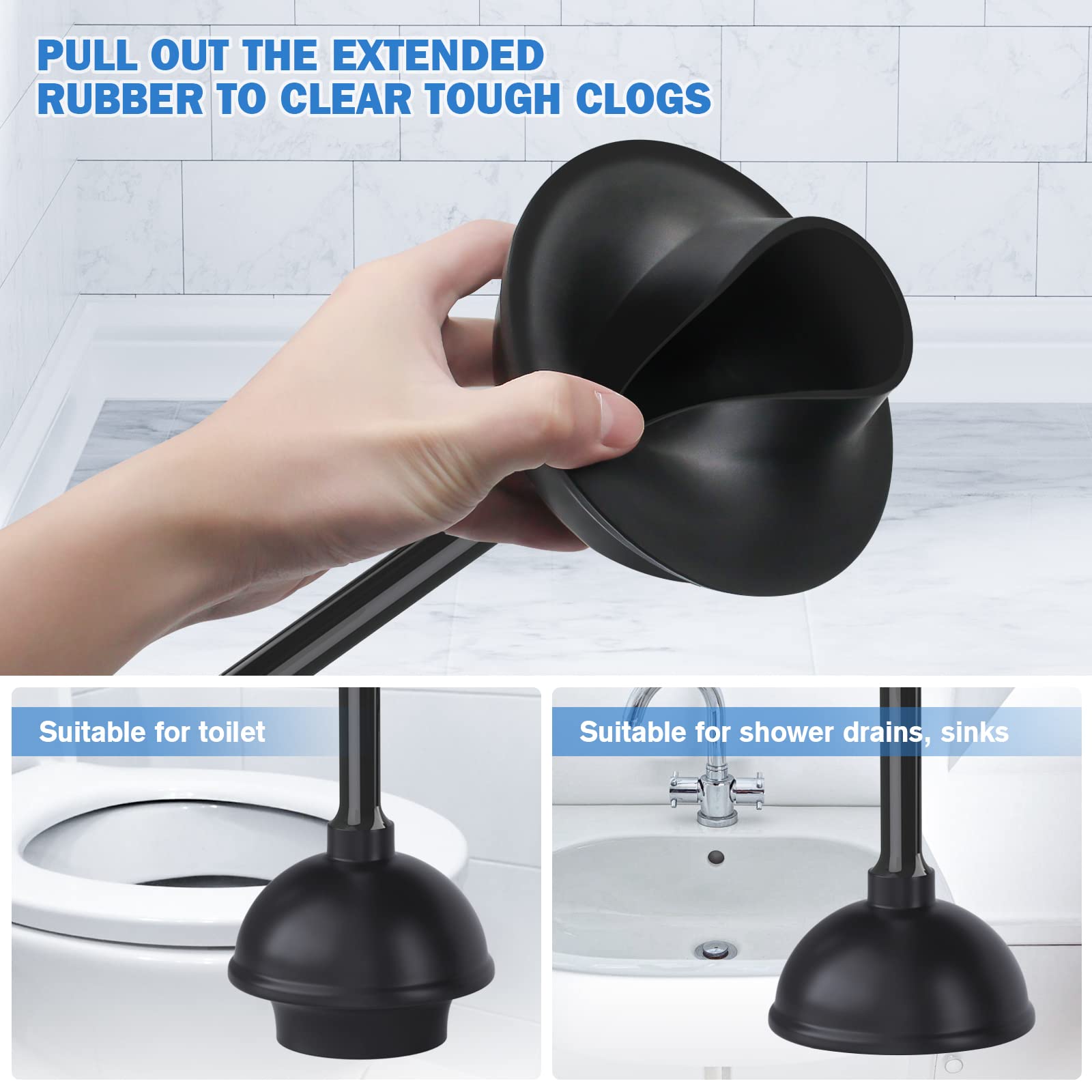 Toilet Plunger and Brush, Bowl Brush and Heavy Duty Toilet Plunger Set with Ventilated Holder, 2-in-1 Bathroom Cleaning Combo with Modern Caddy Stand for 5.7-inch Toilet Drain(Black, 2 Set)