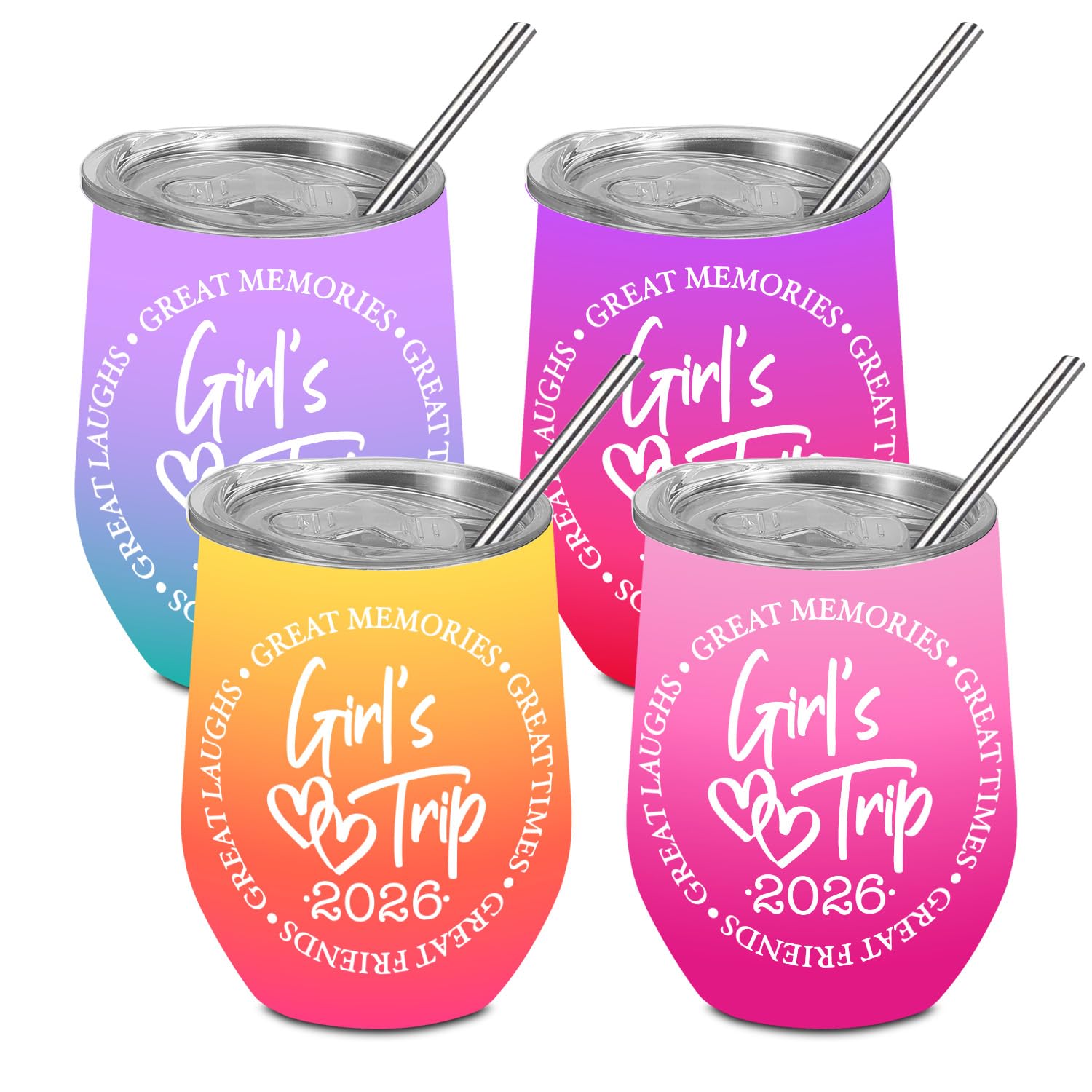 BQXH 4 Pcs Girls Trip Wine Tumbler With Lid, 12 OZ Stainless Steel Tumbler, Girls Trip Gifts Favors Insulated Coffee Cup, Travel Mug Weekend Gifts for Friendship Vacation Bachelorette Party