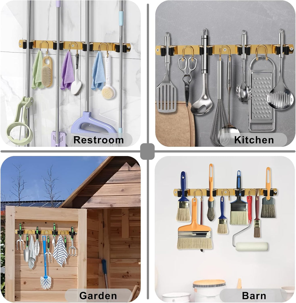 Skiennix Mop Broom Holder - Gold Stainless Steel Wall Mount Organizer with 4 Slots & 6 Hooks for Home Use