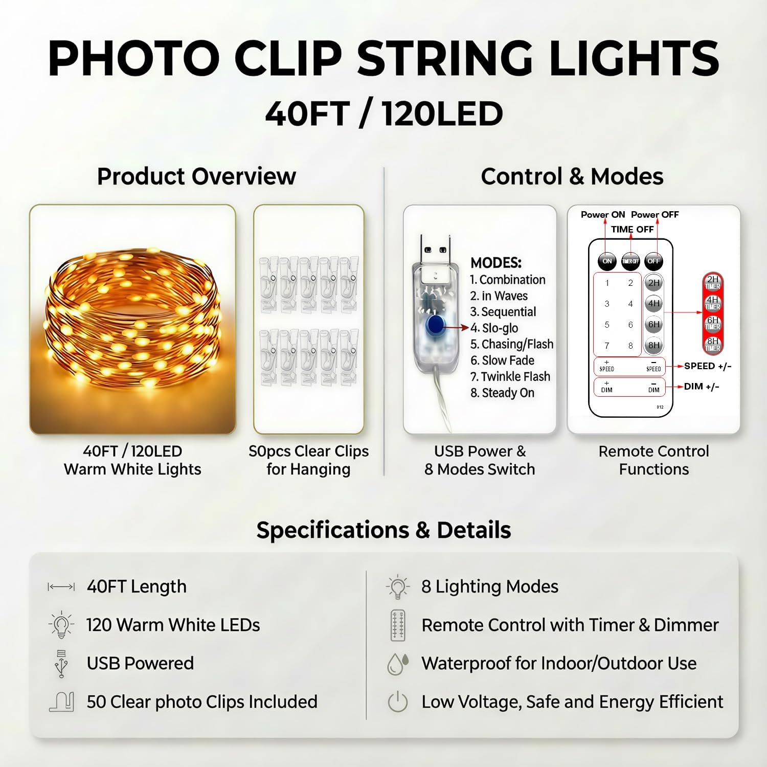 Skiennix Aesthetic 40Ft 120LED Fairy Lights - 8 Modes, Timer & Waterproof | Perfect Teen Girl Gift for Dorm Décor
