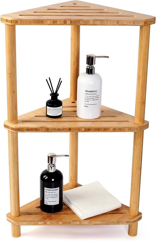 Bamboo Corner Shower Caddy Stand - 3-Tier Waterproof Bathroom Organizer | Space-Saving Design with Anti-Slip Feet