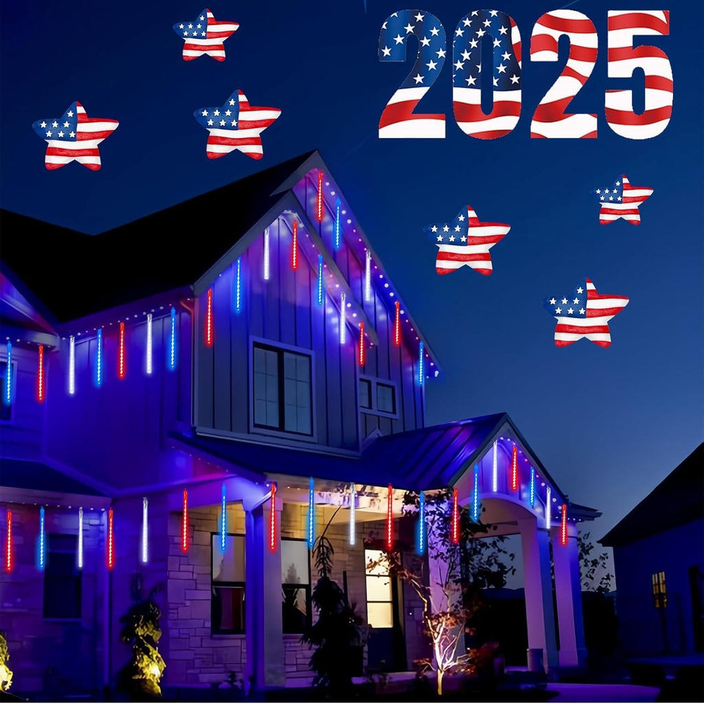 Skiennix 4th of July Outdoor Decorations - 250th Anniversary Solar Meteor Shower Lights | 18 Tubes, 432 LEDs, Waterproof