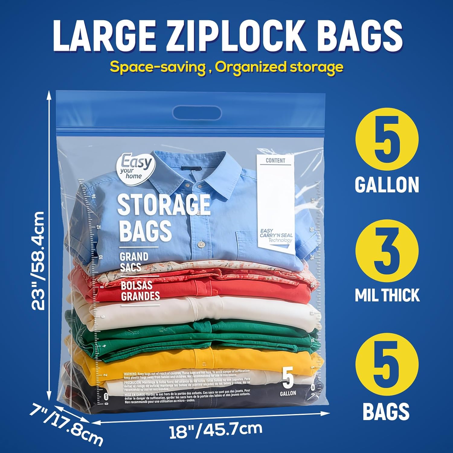 Skiennix Extra Large 5 Gallon Zipper Lock Plastic Bags - Reusable Storage for Travel & Moving, BPA-Free