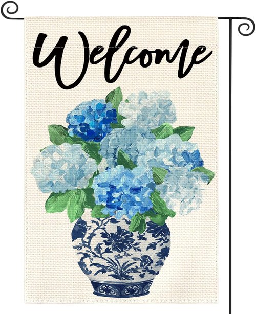 AVOIN Colorlife Garden Flag - Spring Hydrangea Floral Design | Double-Sided 12x18 Inch, Blue & White