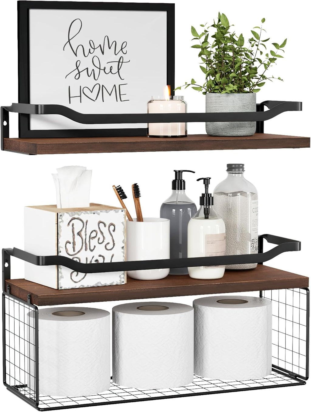 WOPITUES Floating Shelves - Stylish Wood Wall Storage with Metal Guardrail | Dark Brown, Ideal for Bathroom & Living Room