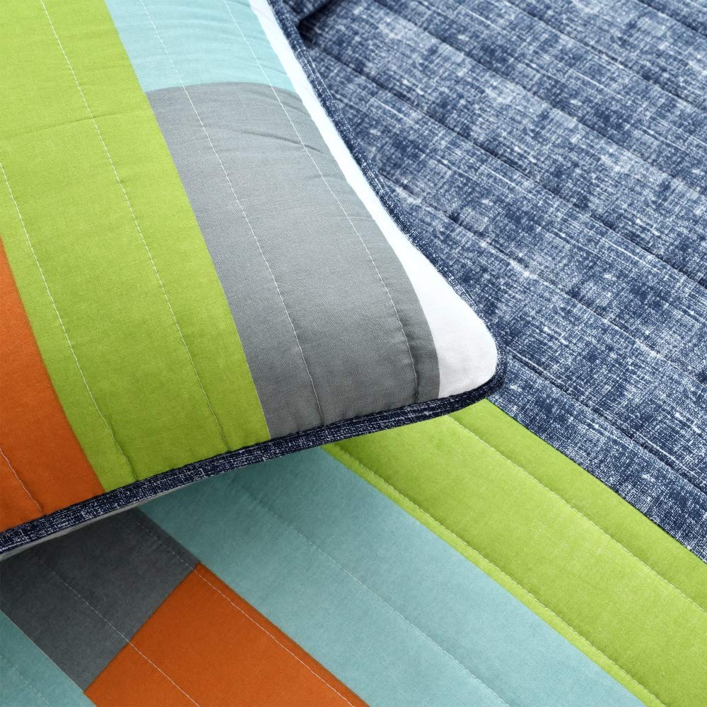 Lush Decor Shelly Stripe Quilt | Modern Geometric Pattern Reversible 3 Piece Bedding Set - Full/Queen - Navy & Orange