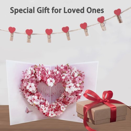 CFTONE 3D Pop Up Card, Elegant Cherry Blossom Heart Flower Greeting Card for Mothers Day, Anniversary, Valentine's Day, Weddings, Birthday, Handcrafted Floral Card for Mom, Women, Wife