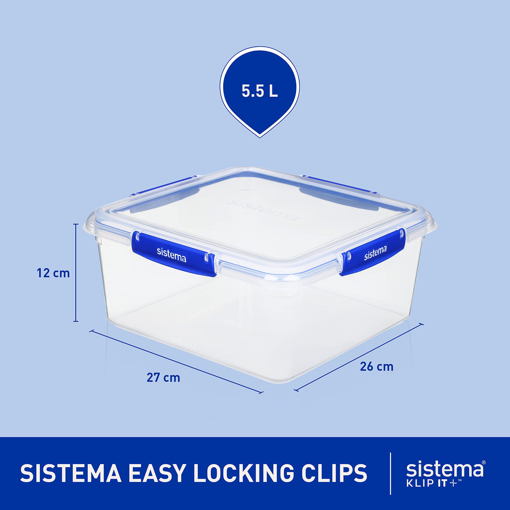 Sistema KLIP IT PLUS Food Storage Container | 5.5 L Square | Airtight & Stackable Meal Prep Container with Lid | School Lunch Box | BPA-Free | 1 Count