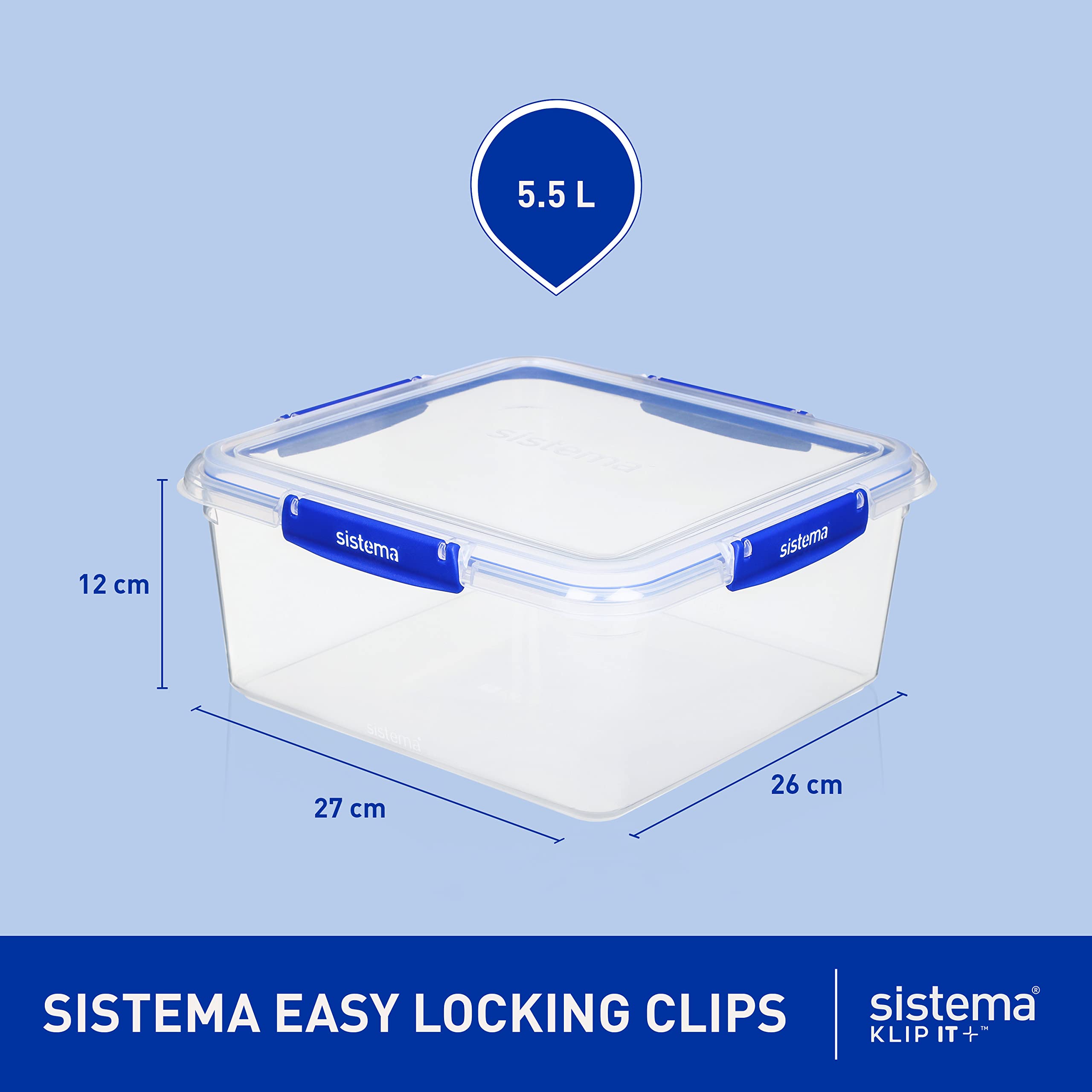 Sistema KLIP IT PLUS Food Storage Container | 5.5 L Square | Airtight & Stackable Meal Prep Container with Lid | School Lunch Box | BPA-Free | 1 Count