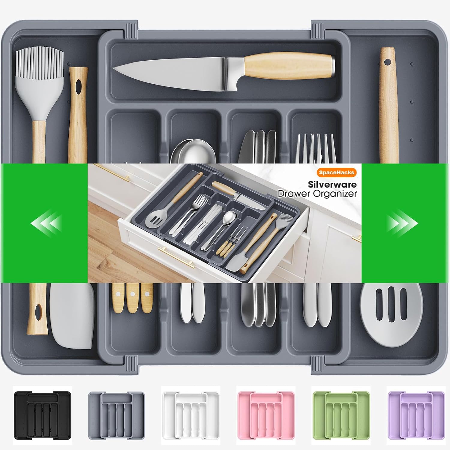 SpaceHacks Silverware Organizer - Adjustable & Expandable Utensil Drawer Holder | BPA-Free Cutlery Tray in Medium Grey