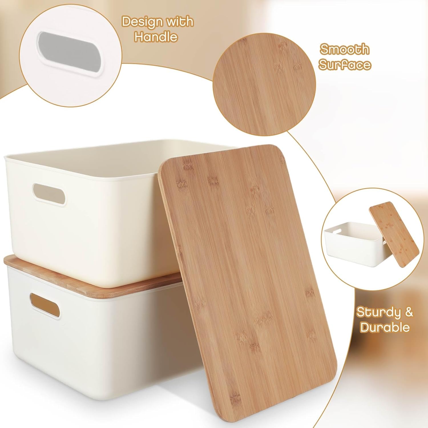 Suzile 6-Pack Plastic Storage Bins - Stackable Containers with Bamboo Lids for Christmas Ornaments & Organizing