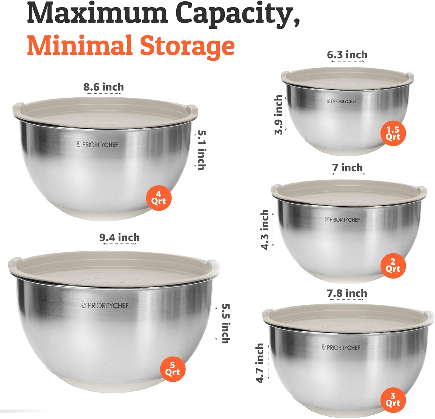 Priority Chef Premium Mixing Bowls Set - Airtight Lids, Non-Slip Base | 5 Nesting Stainless Steel Bowls (1.5-5 Qt) in Khaki