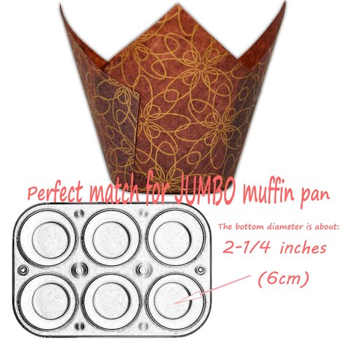 MyBakning (JUMBO Large size) Brown Golden pattern Tulip Baking Cups 2-1/4"(Base diameter) x 3-3/4"(Wall height) Greaseproof paper Muffin liners, Case of 130 pcs