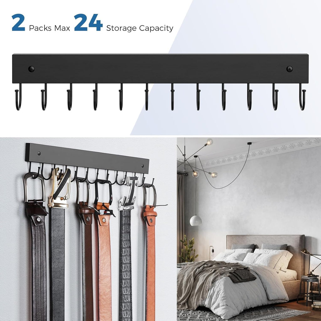 Skiennix Wooden Belt Hanger - Wall-Mounted Organizer with 24 Storage Capacity | 180° Rotating Design in Black