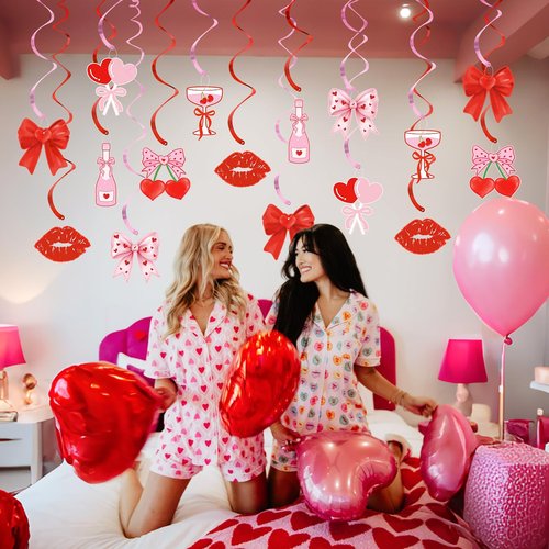 K KUMEED 20 Pcs Valentine's Day Party Decorations,Glitter Heart Cherry Bow Hanging Swirls,Red Pink Valentines Day Party Supplies Home Classroom Office Wedding Party Anniversary