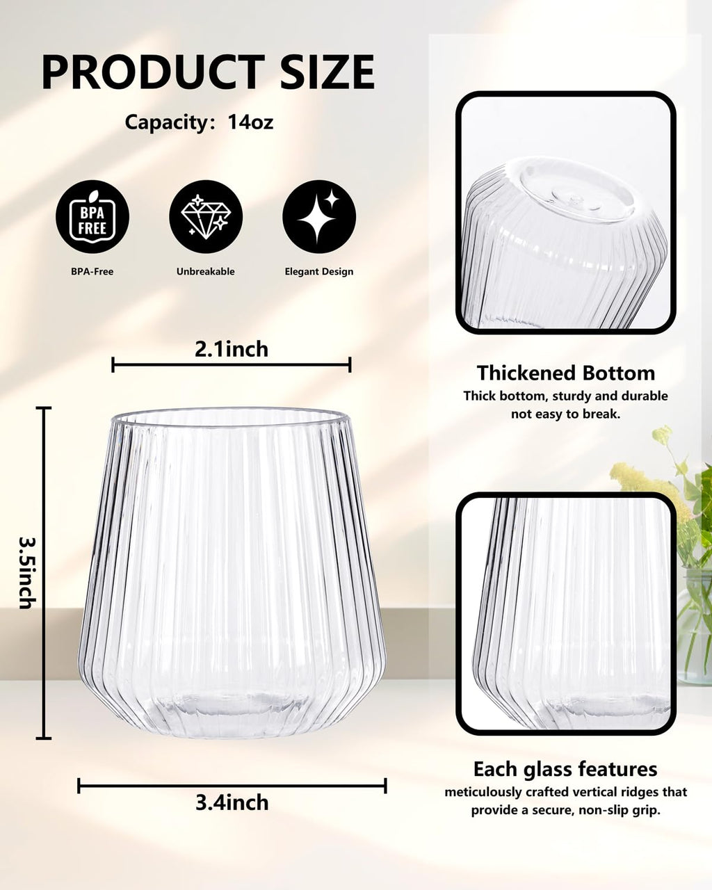 YOUBET 40 Pack Plastic Ribbed Wine Glasses - 14 OZ Clear Thicker Origami Stemless Disposable Wine Glasses - Heavy Duty Unbreakable Vintage Whiskey Cups for Wedding Parties Bar