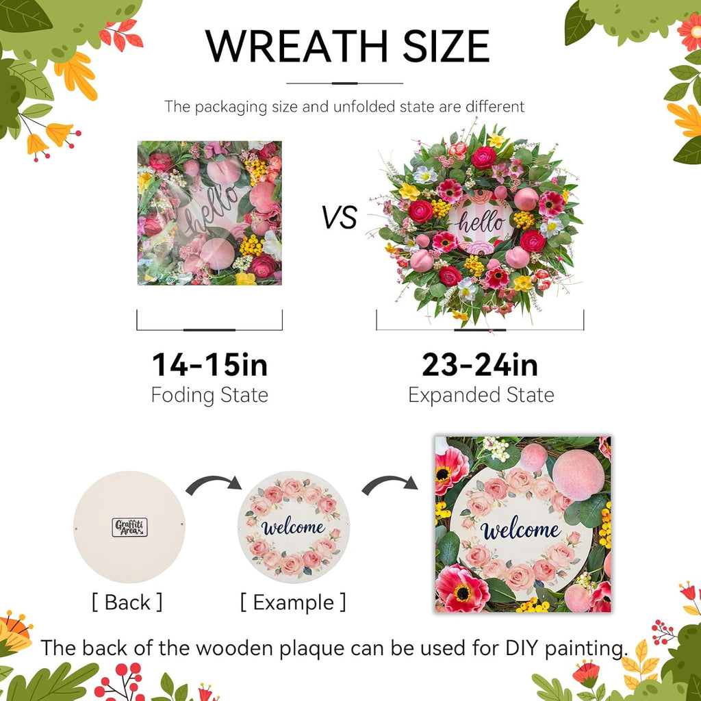 Spring Wreaths - 24 Inch Artificial Summer Wreath with Pink Roses & Hello Sign | Indoor & Outdoor Farmhouse Decor
