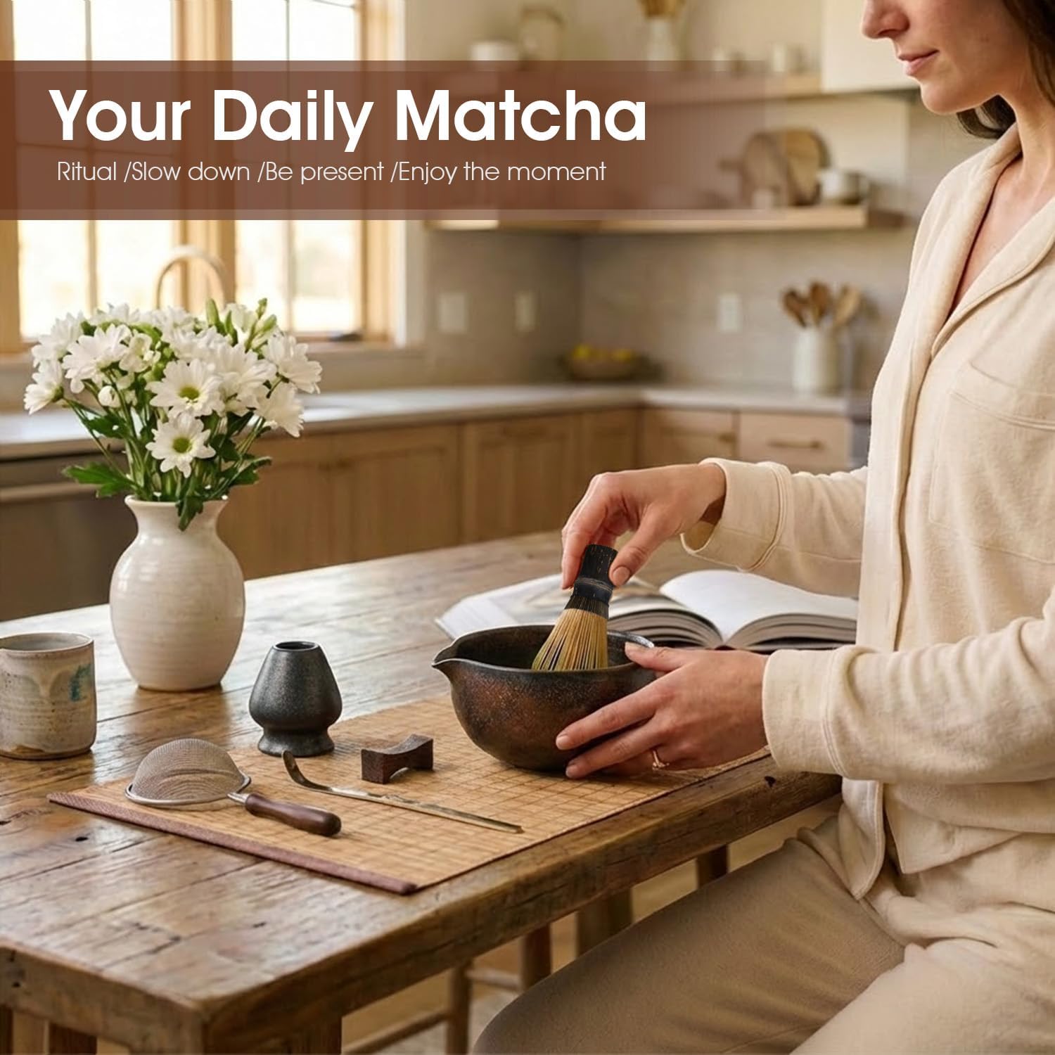 Matcha Whisk Set - 7-Piece Complete Kit with Handmade Bowl, 100-Prong Bamboo Whisk & Accessories