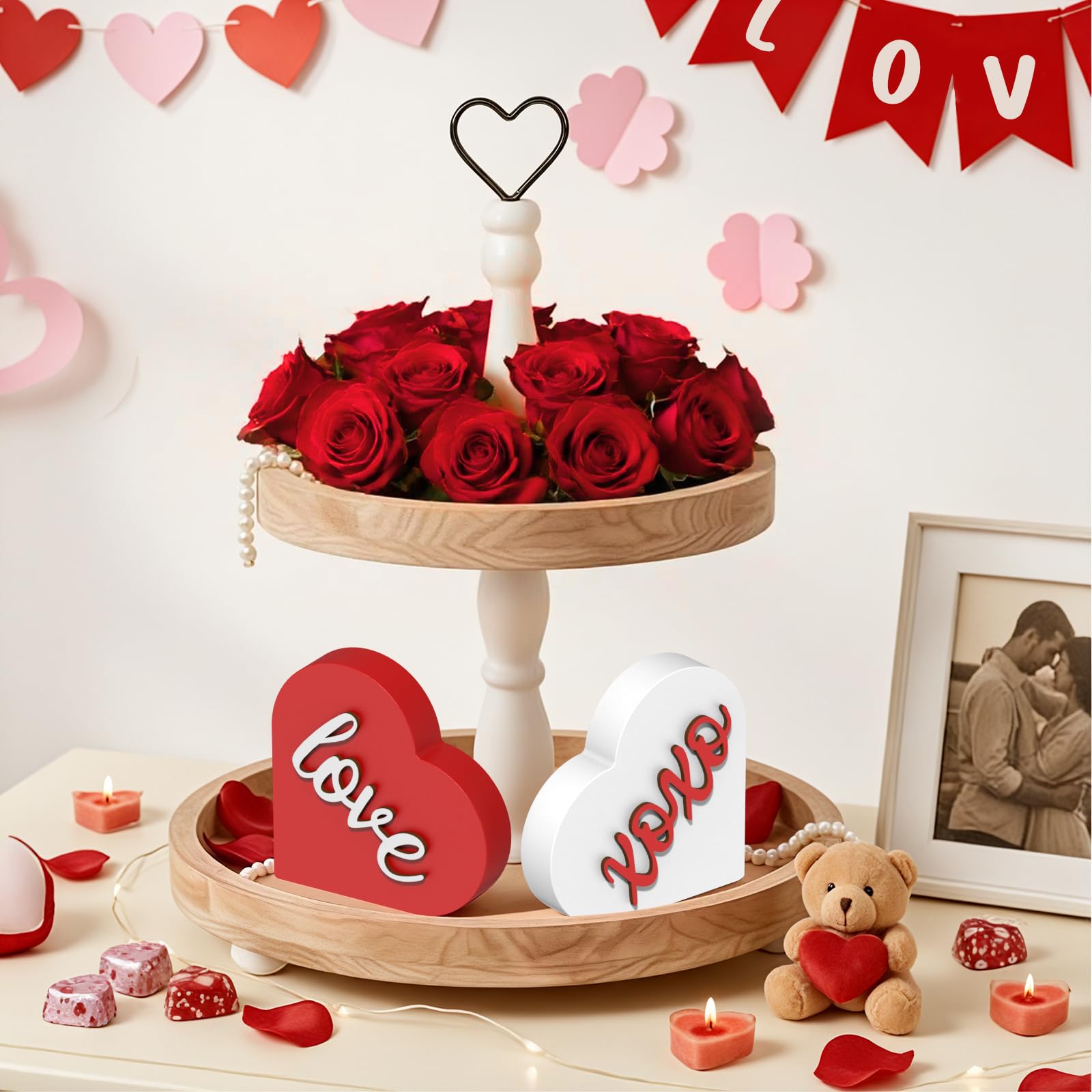 OLANRUN Valentines Day Decorations - 2 Pack Wooden 3D XOXO Love Heart Sign - 4.35 Inch Valentines Day Table Decor - Valentine Decorations for Home Office Bedroom Mantel Tiered Tray Shelf (Red White)