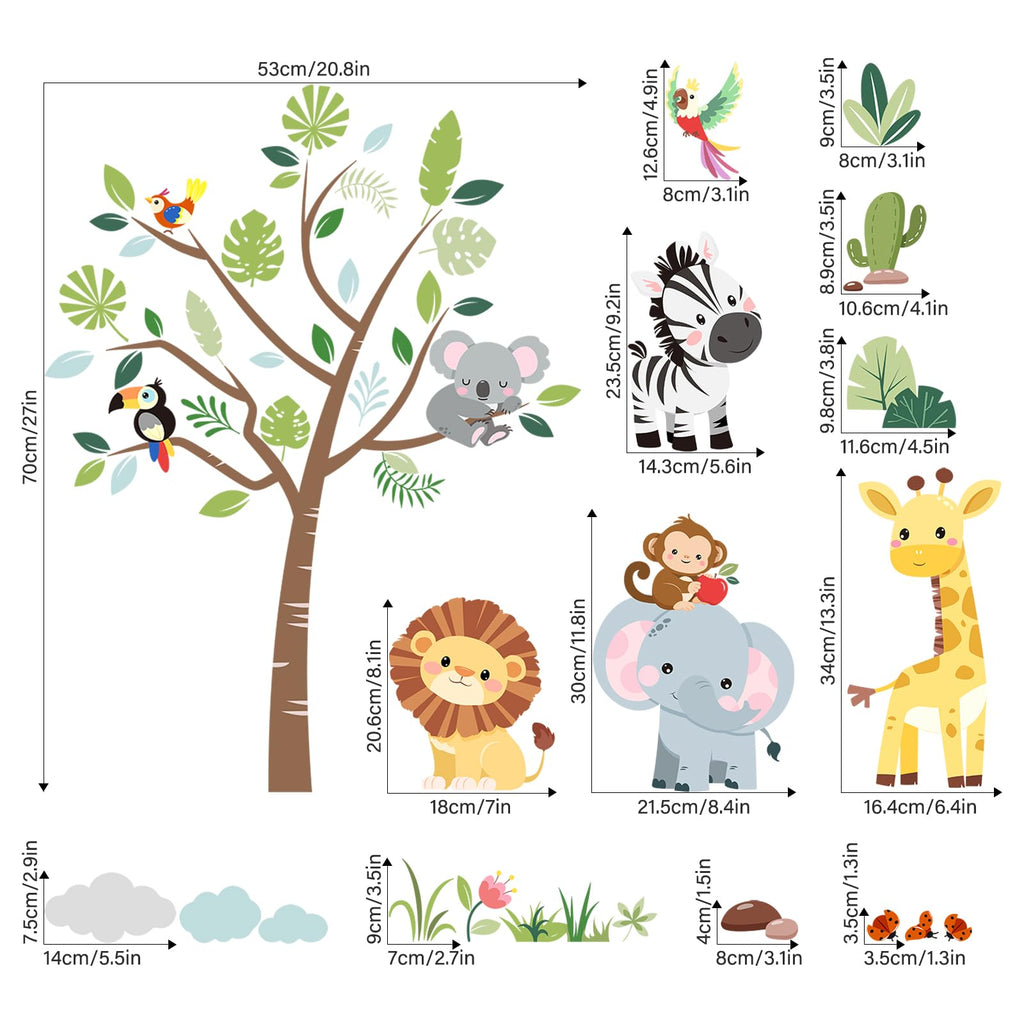 Supzone Jungle Animals Tree Wall Decals Safari Elephant Giraffe Lion Zebra Wall Stickers for Kids Toddlers Bedroom Living Room Baby Nursery Wall Decor