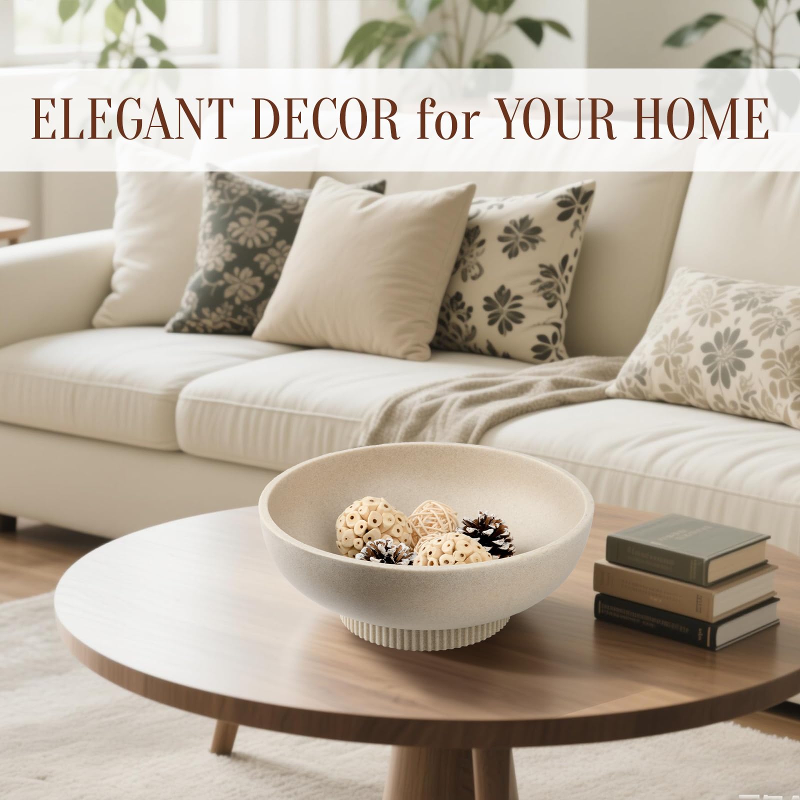 Deobath Large Resin Pedestal Decorative Bowl - Modern Handicraft Bowls for Home Decor - Fruit Bowl for Kitchen Counter - Key Bowl for Entryway Table,Artificial Stone Beige