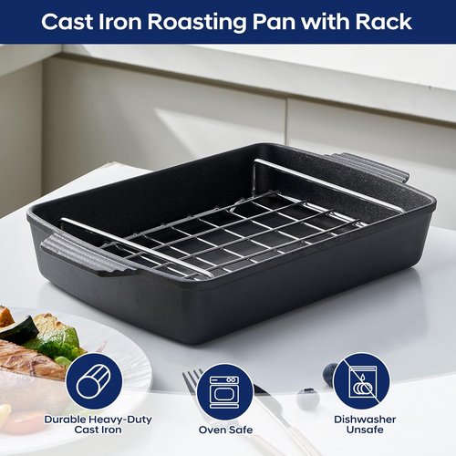 Cast Iron Roasting Pan - Heavy Duty Turkey Roaster with Rack | Induction Compatible, 9 x 12.6 Inch
