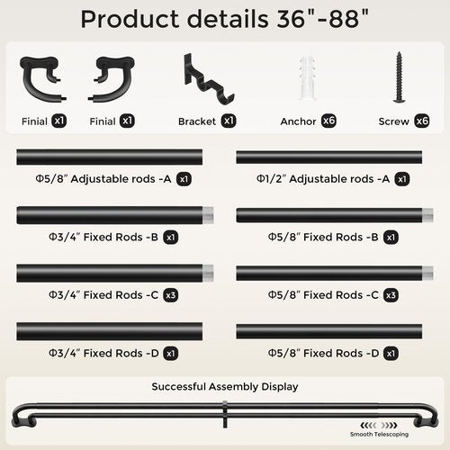 Wolistsa Double Curtain Rod, Black Wrap Around Blackout Dual Curtain Rods for Windows 48 to 84 inch, Adjustable Heavy Duty Curved Spliced Room Darkening Double Rods, All Metal, Aluminium Bracket