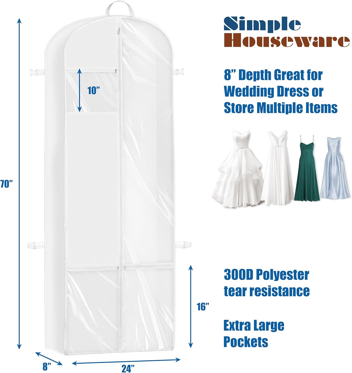 Simple Houseware 70-Inch Wedding Dress Garment Bag - Gusseted Design with Pockets, White