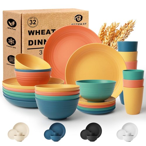 BUSOKIP Wheat Straw Dinnerware Sets for 8, Unbreakable Plates and Bowls Sets for 8, 32-Piece Dishes Set, Microwave Safe Plastic Plates Reusable, Cups and Bowls Sets for Kitchen, Outdoor - Multi