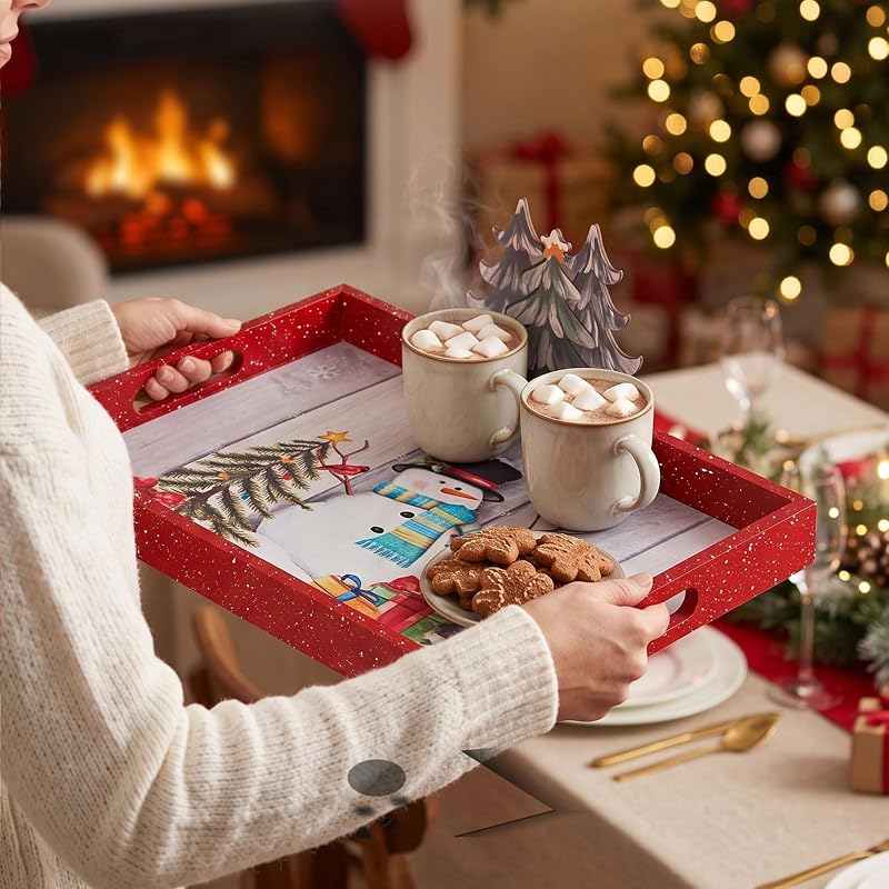 Christmas Serving Tray with Handles - 15.7 x 11.3 x 1.5 in, Red
