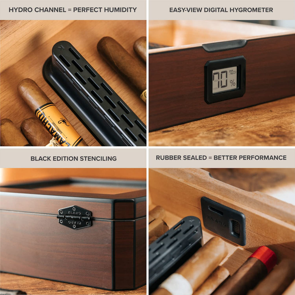 CASE ELEGANCE MAG Cigar Humidor, Walnut Finish, Holds 20-30 Cigars, Glass Top with Magnetic Seal, Octagon Shape, Digital Hygrometer, Spanish Cedar, New Hydro Channel
