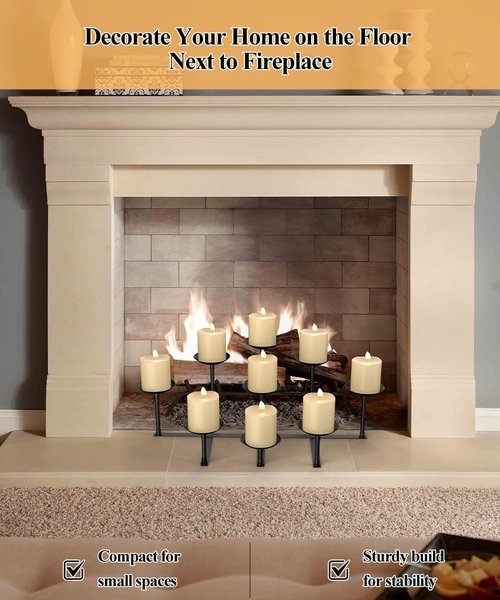 Fireplace Candle Holder - 9 Wax Pillar Plates | Elegant Iron Candelabra for Home Decor & Events