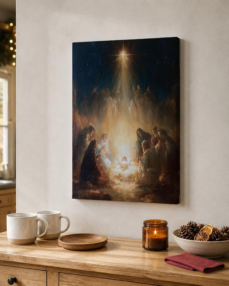 Nativity Wall Art 12x16 with Glowing Star Framed Canvas Print - Variation: Nativity Star Scene