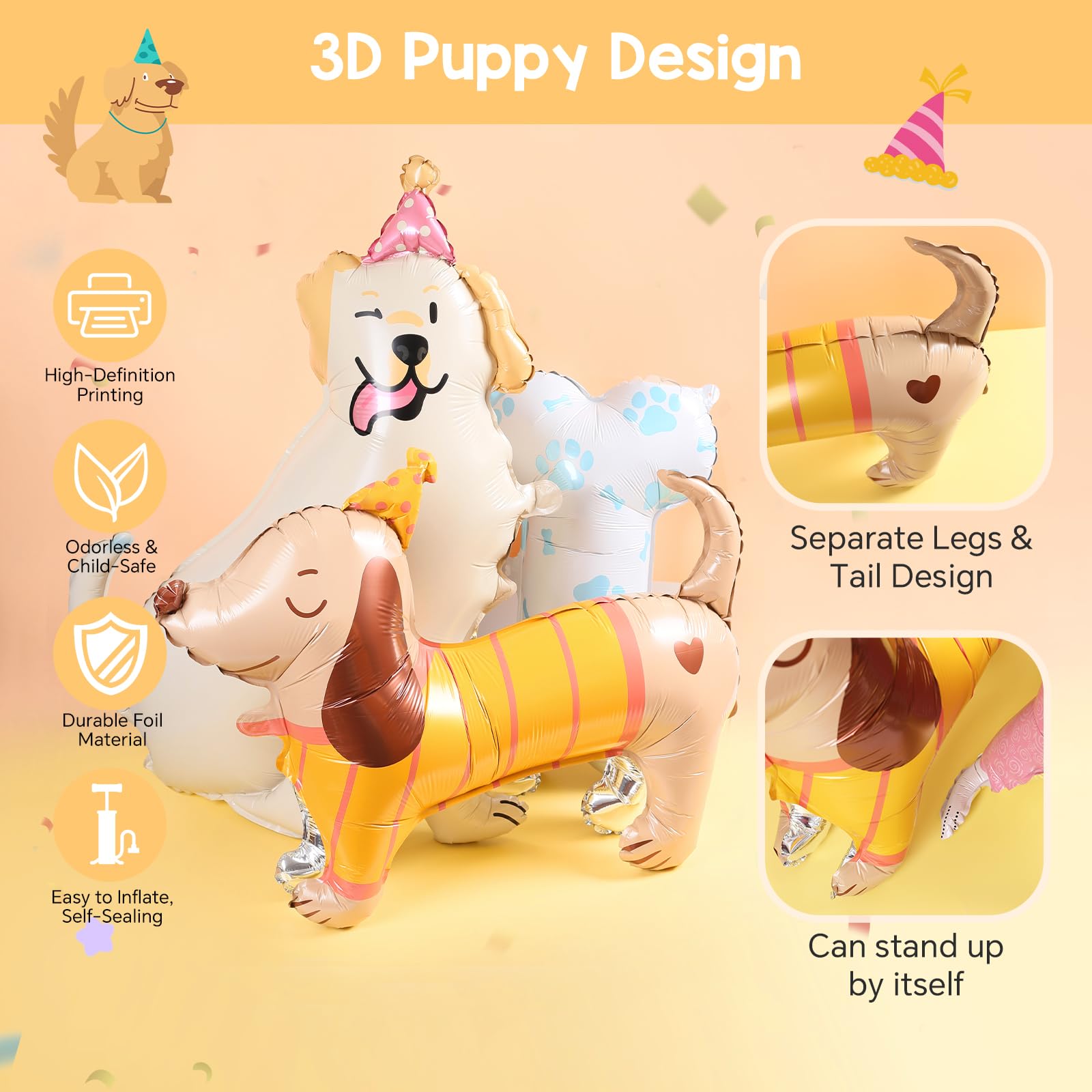 8 PCS Large 3D Standing Dog Balloons (32–40 in) – Puppy Foil Balloons for Dog Birthday Party & Pet Theme Baby Shower, Includes Dogs, Bone & Paw
