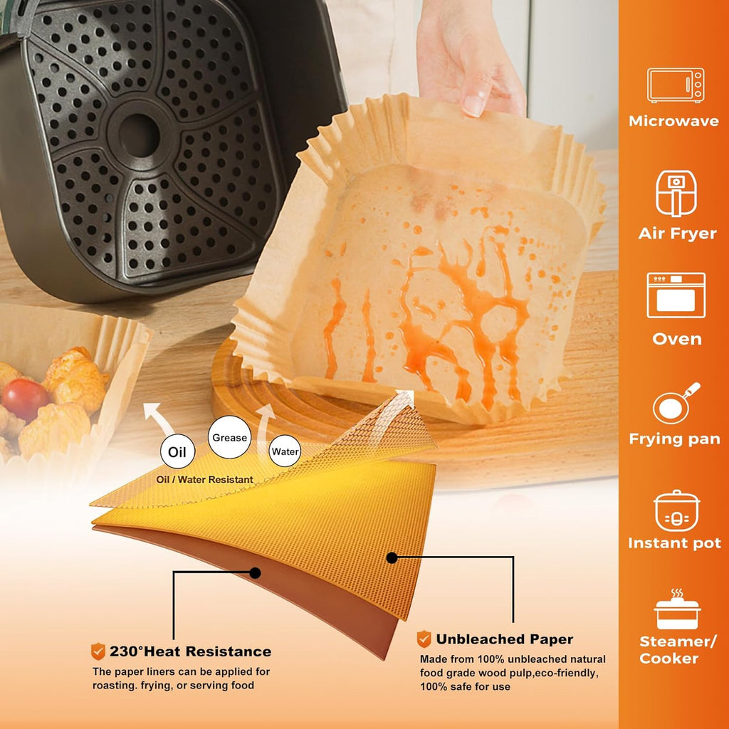 Vailnd Air Fryer Liners - 100 Pcs Disposable 9-Inch Oil-Proof Parchment Sheets for XL Cookers