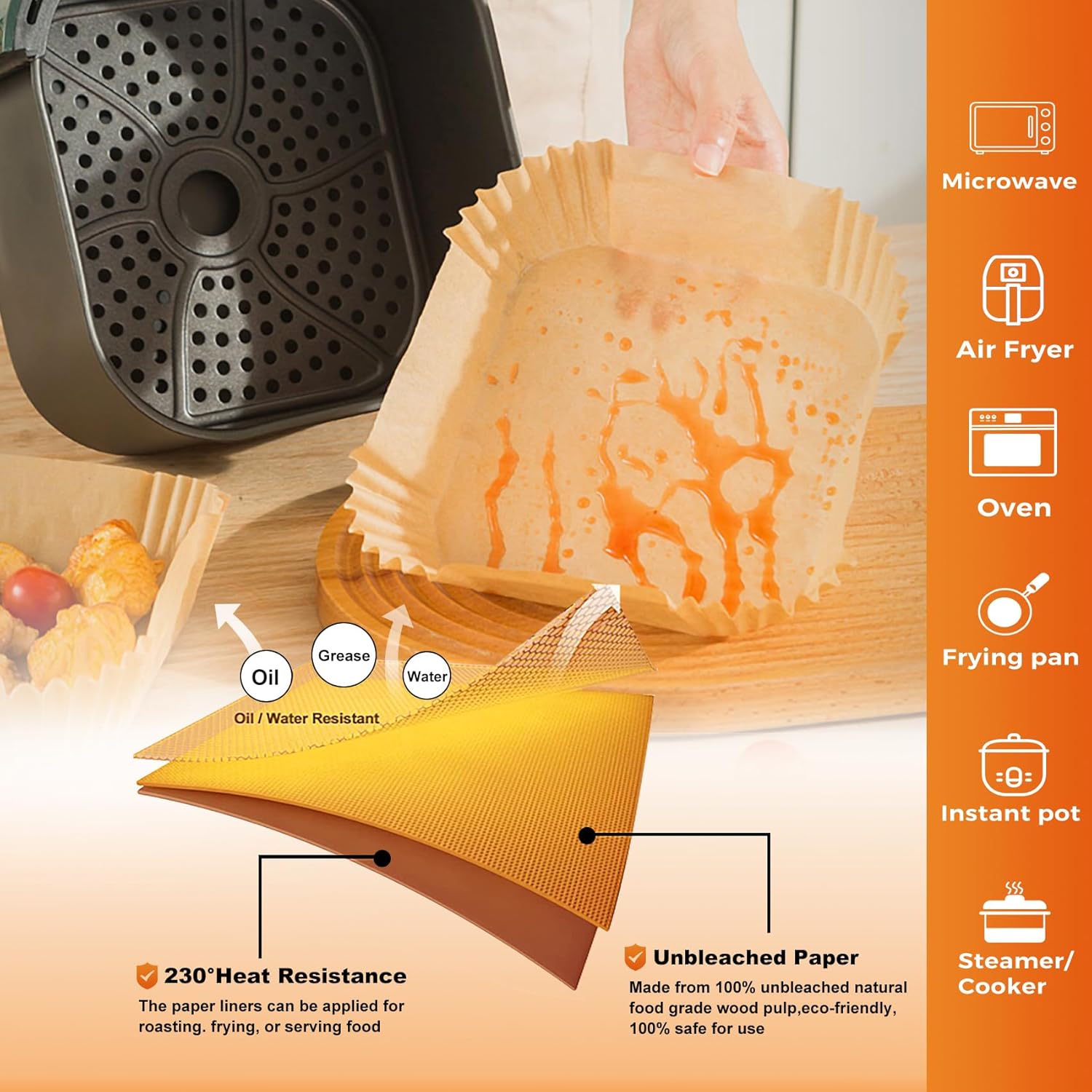 Air Fryer Paper Liners - 200 Disposable Non-Stick Parchment Liners | 6.3" Square for 2-4 Qt Air Fryers