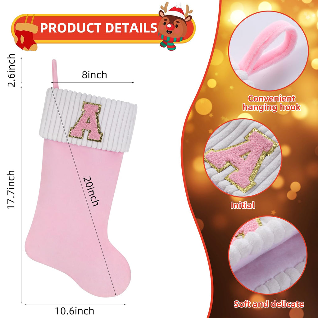 Shgngle 20 Inches Letter Embroidered Christmas Stocking,Personalized Pink Velvet Christmas Stocking,Family Holiday Decorations and Xmas Gift(M)