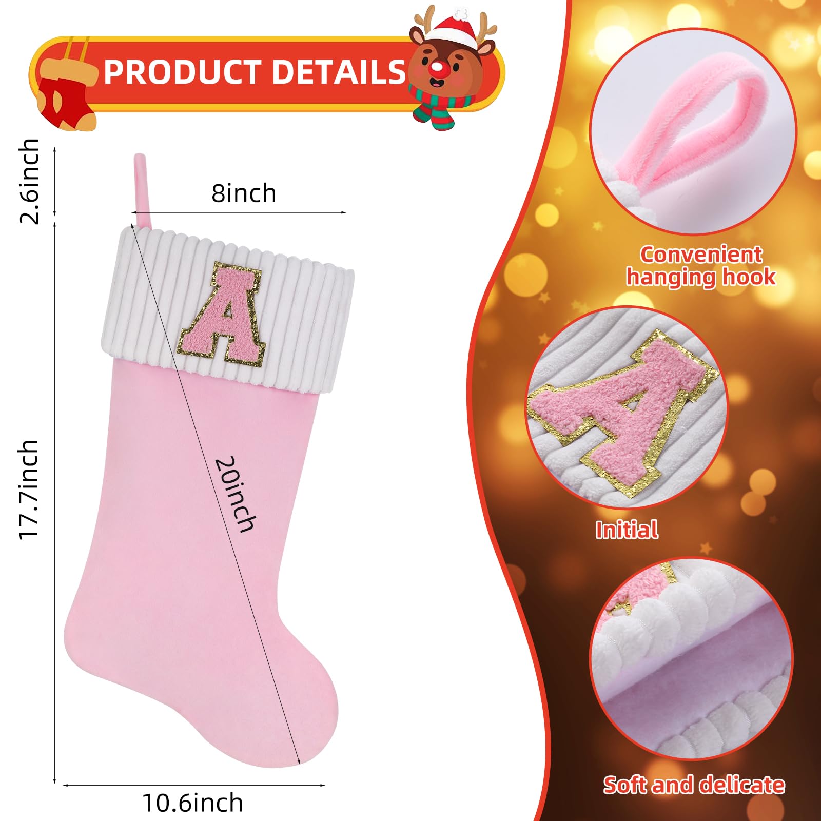 Shgngle 20 Inches Letter Embroidered Christmas Stocking,Personalized Pink Velvet Christmas Stocking,Family Holiday Decorations and Xmas Gift(M)