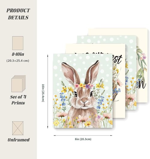 LARTSFRO Easter Decor - Bunny Egg Wall Art Prints | Happy Easter Nursery Decor, 10x8 Inch Set of 4 Unframed